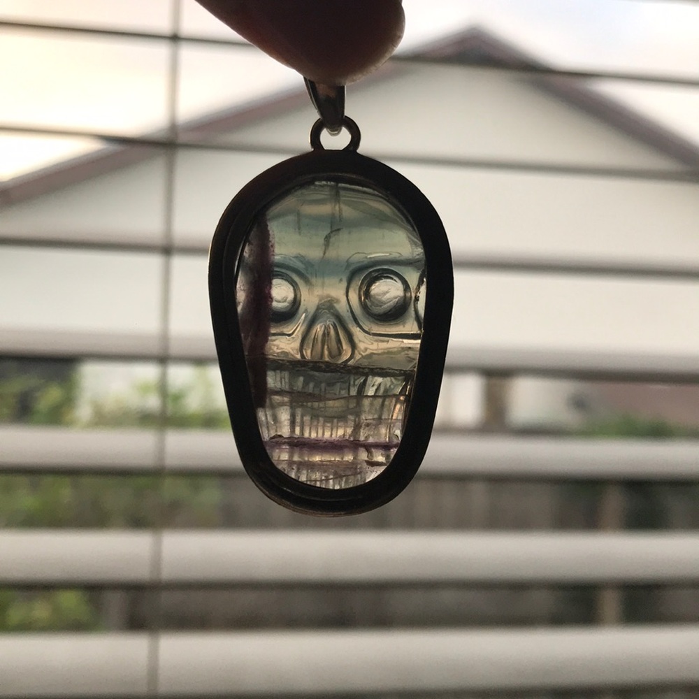 Rainbow Fluorite hand carved skull charm